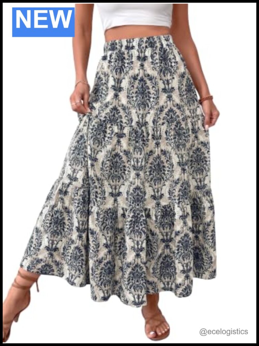 Women's Boho Maxi Skirt Elastic Waist A-Line Long Skirt with Pockets